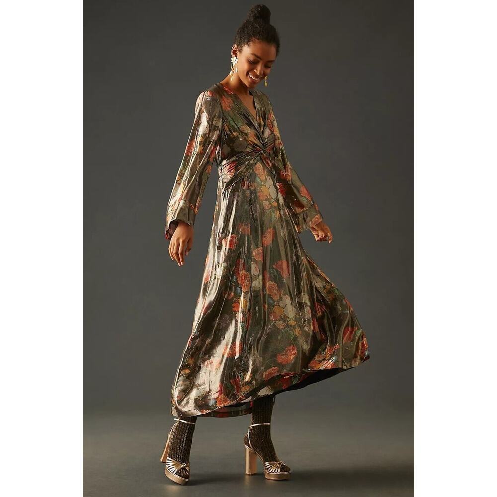 NWT Caballero Anthropologie Deep V-Neck Maxi Floral Dress Size XS